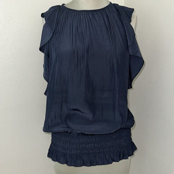 EUC Ramy Brook navy blue silk flutter sleeve tank small s elastic waist - Picture 2 of 6